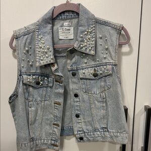 Ci Sono Light Blue Denim Vest with Pearl Accents